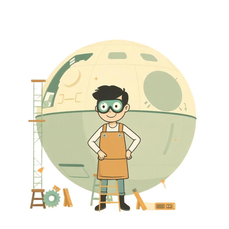 A builder assembling a large mechanical sphere